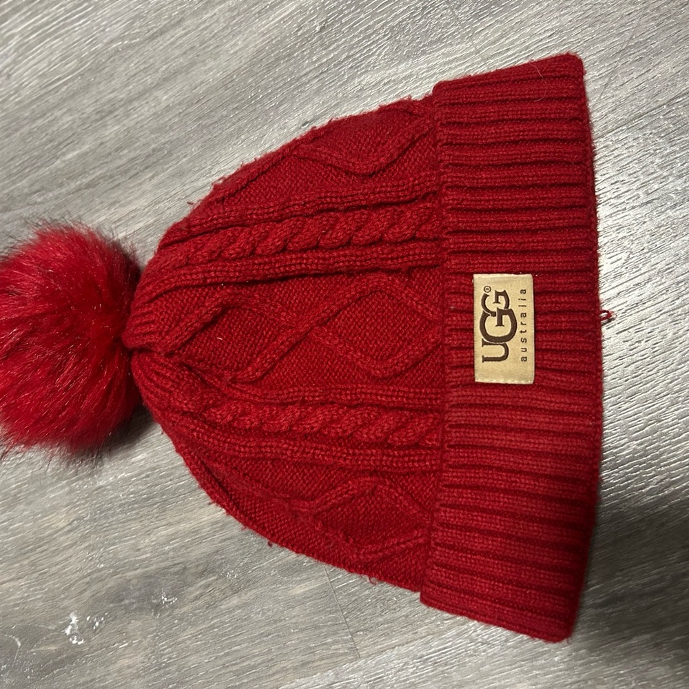 UGG Women’s Cable Knit Red Hat with Pom-Pom